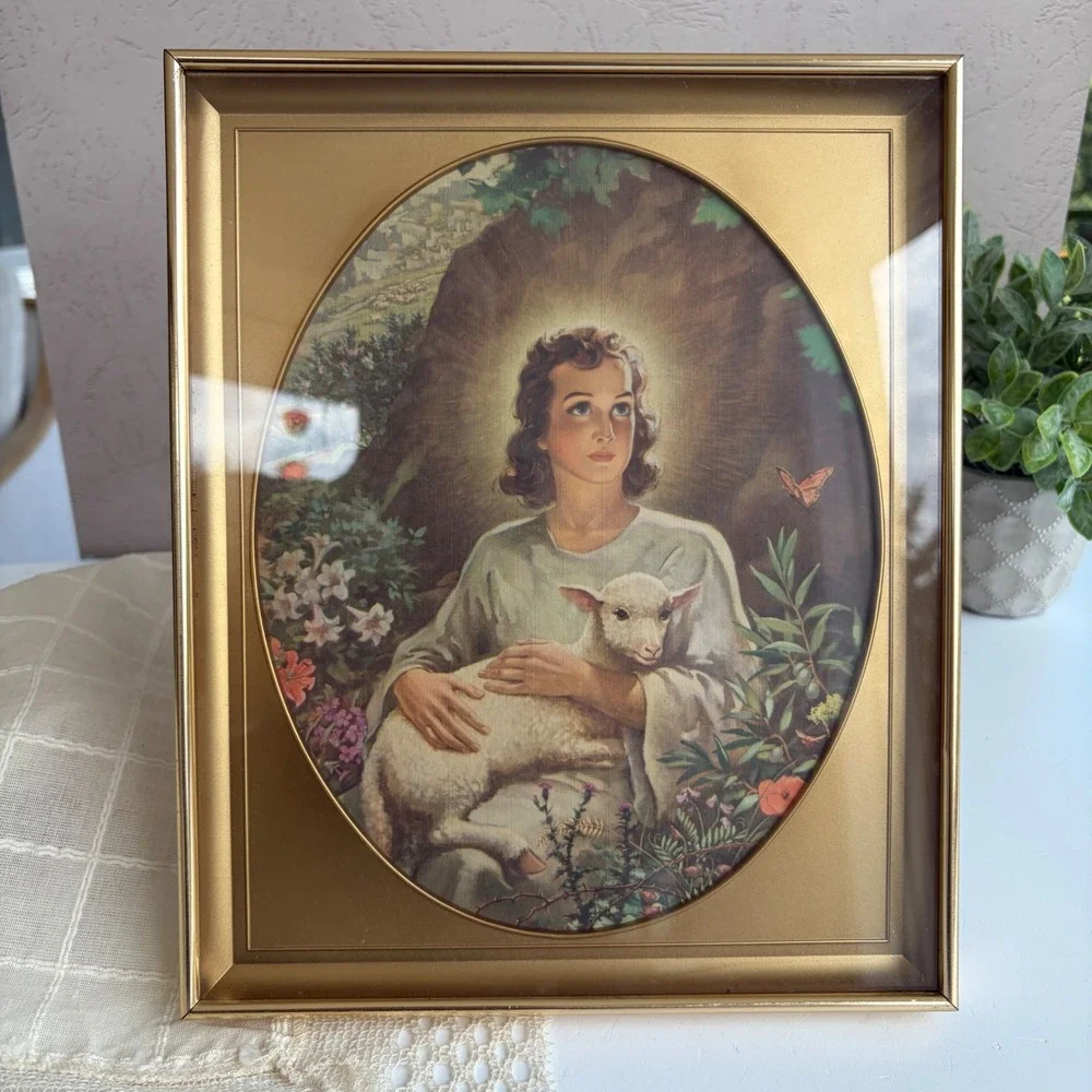 Vintage Jesus Good Shepherd Framed Lithograph Print Gold Tone Frame 8.5x10.5